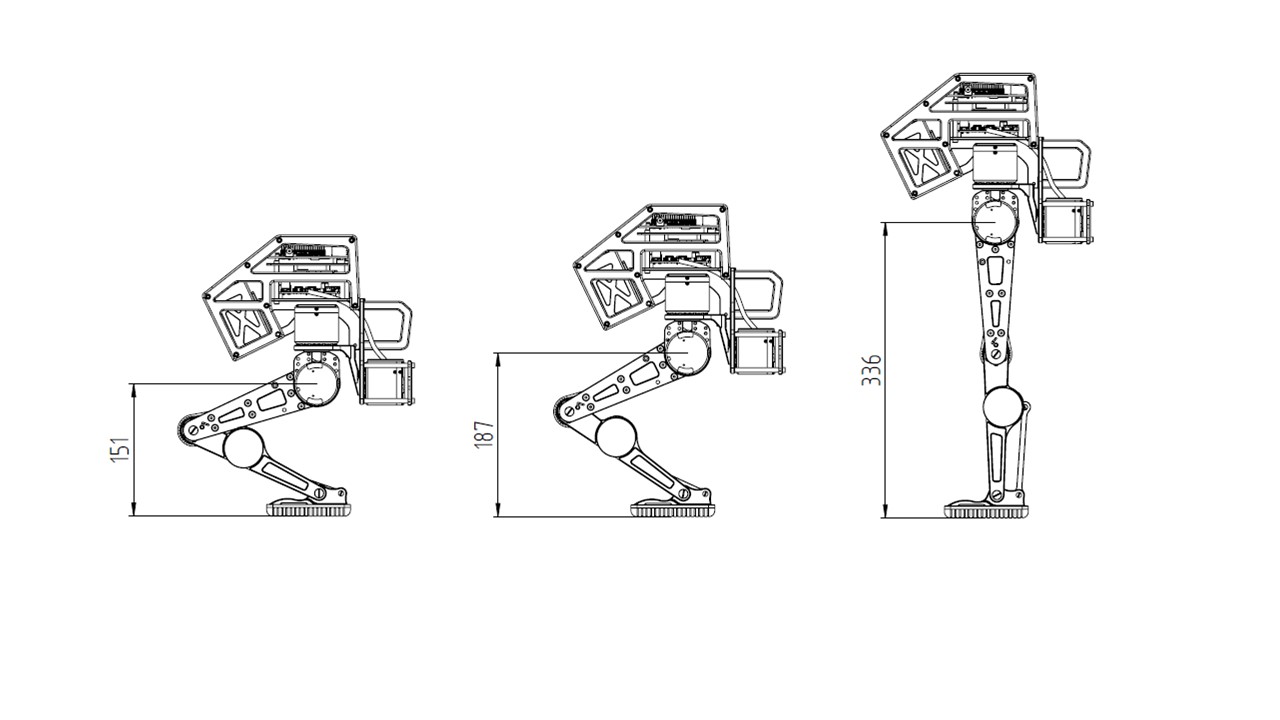 双足机器人π臀部高度45°、60°和90°小腿角度